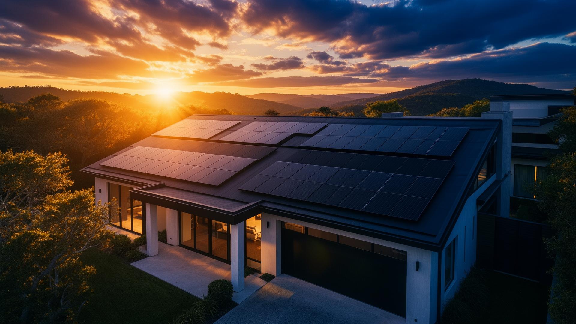 Luxury home with rooftop solar at sunset
